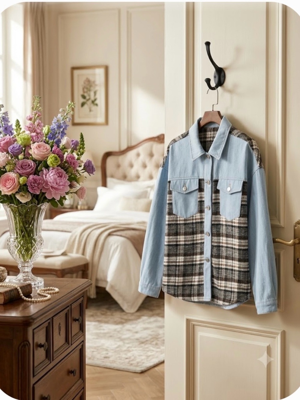 Light Blue & Black Plaid Women’s Shacket Jacket